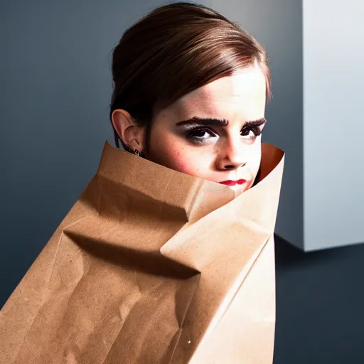 Image similar to emma watson with a brown paper bag over covering her head and face, ( sony a 7 r iv, symmetric balance, polarizing filter, photolab, lightroom, 4 k, dolby vision, photography awardm, voque, perfect face )