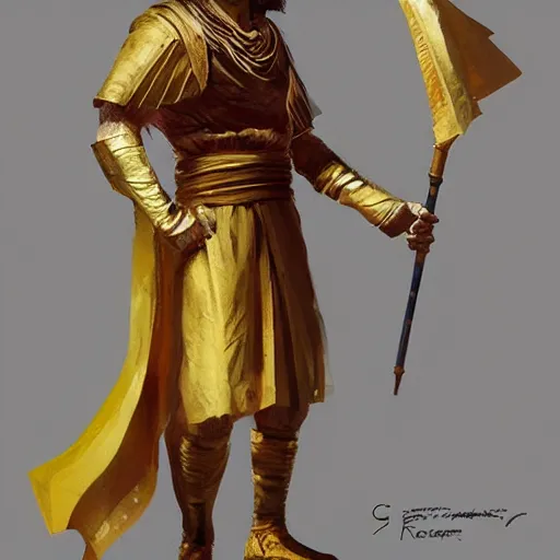 Image similar to Noble person wearing a golden toga and crossing his arms, fantasy, medieval, highly detailed, Artstation, painting by greg rutkowski