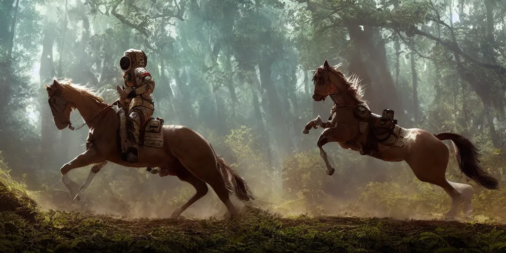 Prompt: american astronaut in an indian forest riding a beautiful stallion, plants environment, furious action scene, wide angle, cinematic lighting, atmospheric, ultrarealistic, trending on artstation, cgsociety, highly detailed, color graded, in the style of craig mullins, rendered in Unreal Engine 4k HQ, horizon forbidden west