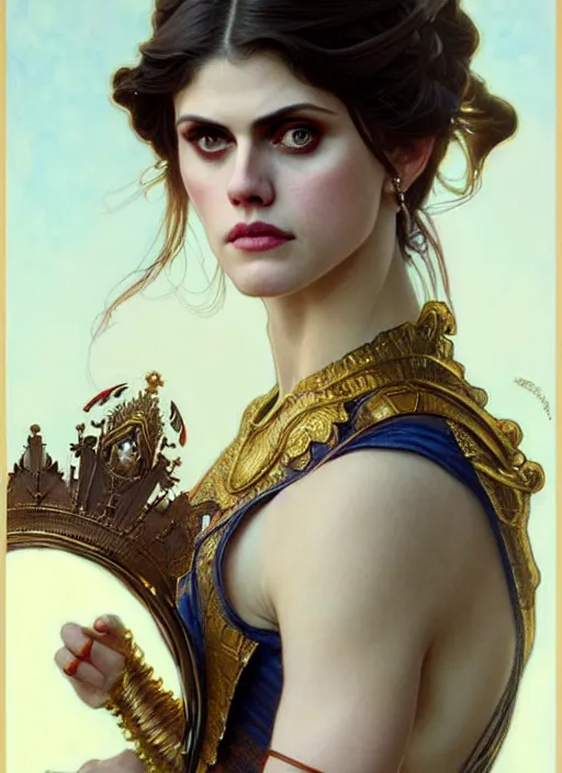 Image similar to alexandra daddario as queen, incredibly detailed face, light half opened dress, true anatomy, art by artgerm and greg rutkowski and alphonse mucha