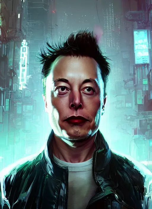 Image similar to a beautiful portrait of elon musk in the streets of cyberpunk city. character design by cory loftis, fenghua zhong, ryohei hase, ismail inceoglu and ruan jia. artstation, volumetric light, detailed, rendered in octane