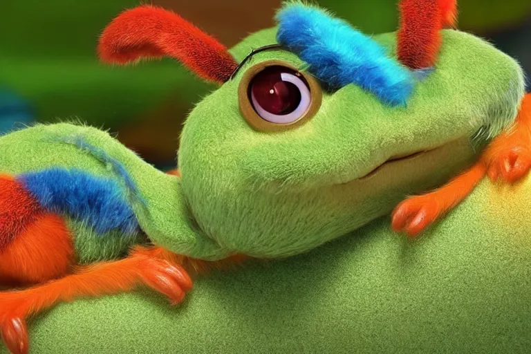 Image similar to disney pixar's a bug's life, cgi caterpillar colorful, furry caterpillar