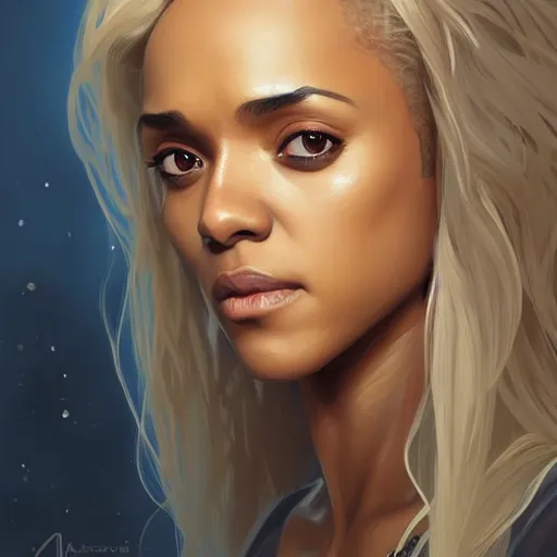 Prompt: Maisie Richardson-Sellers with blonde hair as Super Girl, western, D&D, fantasy, intricate, elegant, highly detailed, digital painting, artstation, concept art, matte, sharp focus, illustration, art by Artgerm and Greg Rutkowski and Alphonse Mucha