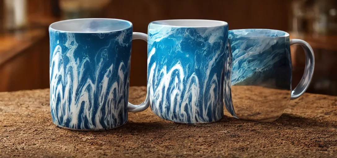 Image similar to A mug with a tsunami as a drink