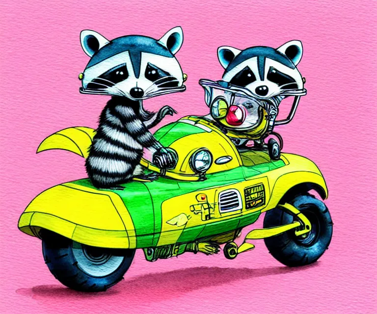 Prompt: cute and funny, racoon wearing a helmet riding in a tiny sport motorcycle with oversized engine, ratfink style by ed roth, centered award winning watercolor pen illustration, isometric illustration by chihiro iwasaki, edited by range murata