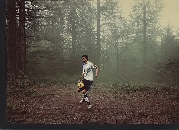 Image similar to medium shot, mikel arteta playing soccer in woods, polaroid photo, vintage, neutral colors, by gregory crewdson