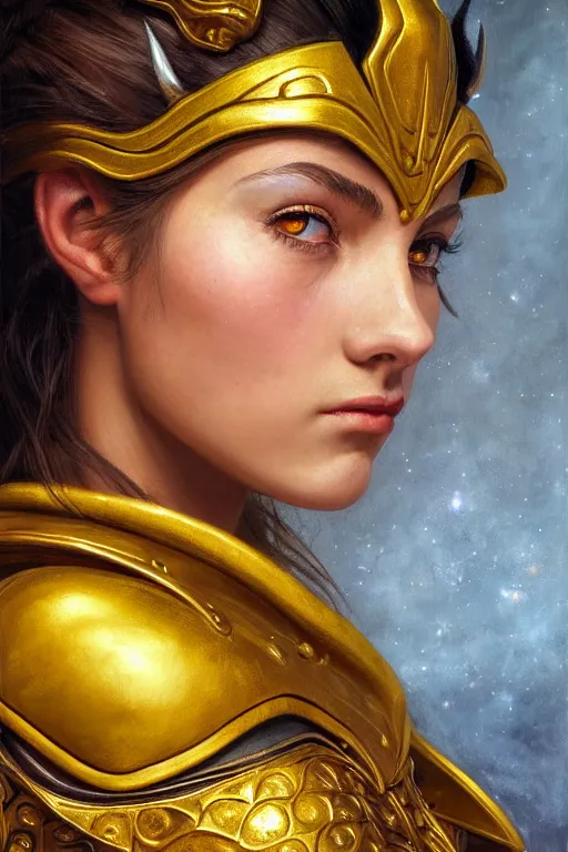 Prompt: high quality extremely detailed closeup portrait of a young gorgeous female warlock looking away from the camera wearing very reflective golden armor, detailed eyes, sparkle in eyes, no hands visible, fantasy, d & d, intricate, painting by lucian freud and mark brooks, hd