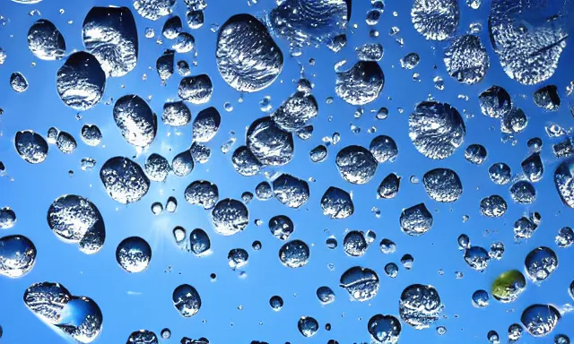 Image similar to beautiful picture of a sunny blue sky with a magical vertical cylindrical tunnel of big upside-down raindrops floating quietly