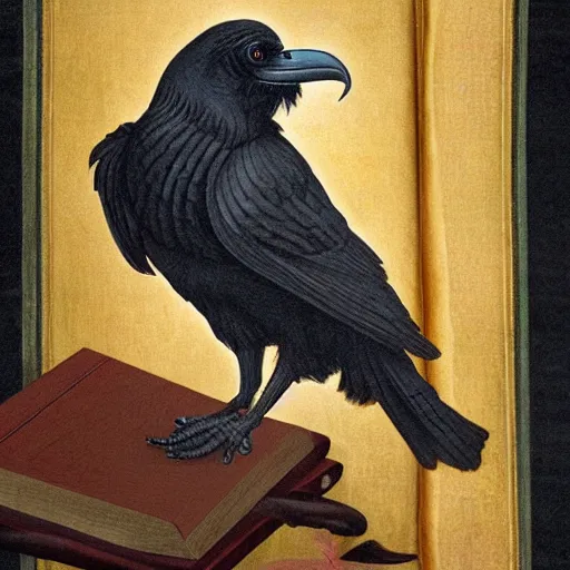 Image similar to beautifully detailed portrait of a detailed raven looking at a book laid out on a golden silk cloth, in a serene beautiful stone arched garden at beautiful sunrise by pascal blanche and frederic leighton and by rosetti and sidney cooper, 4 k, artstation