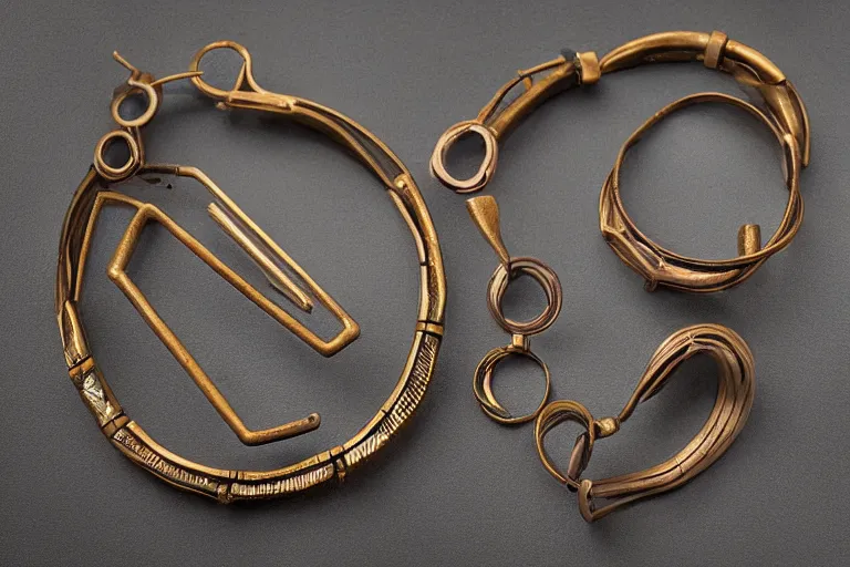 Prompt: “bronze male jewelry of unknown civilisation, science fiction, studio photography”