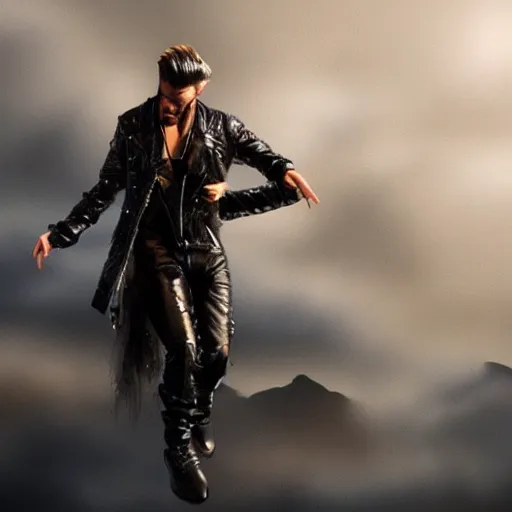 Image similar to gay man with leather clothes dancing on the clouds, Artstation