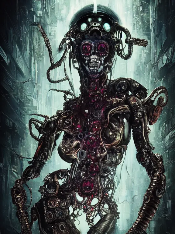 Image similar to portrait art of 8k ultra realistic undead eldritch horror ghost in the shell , detailed intricate ornate armour,decaying, cybernetic, full of colour, cinematic lighting, battered, trending on artstation, 4k, hyperrealistic, focused, extreme details,unreal engine 5, cinematic, masterpiece, art by ayami kojima, giger