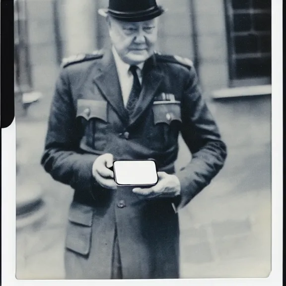 Image similar to polaroid picture of winston churchil checking his iphone