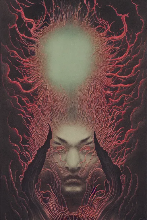 Image similar to 中 元 节, 中 国 鬼 节, king of hell, inside page of comic book, psychedelic lights and fog, in the style of zdzislaw beksinski, ayami kojima, takato yamamoto, barclay shaw, karol bak, glowing light and shadow, hyperrealist, 8 k