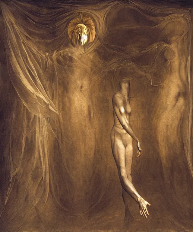 Image similar to The room without doors and windows with beautiful full-body wax sculpture of the glowing transparent woman with visible golden bones inside her in the singularity where stars becoming baroque folds of dark matter by Michelangelo da Caravaggio, Nicola Samori, William Blake, Alex Grey and Beksinski, dramatic volumetric lighting, super detailed oil painting, 8k, masterpiece