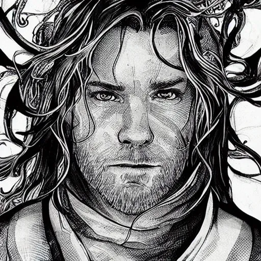 Image similar to black and white pen and ink!!!!!!! Ewan McGregor wearing cosmic space robes made of stars final form flowing royal hair golden!!!! Vagabond!!!!!!!! floating magic swordsman!!!! glides through a beautiful!!!!!!! Camellia flower battlefield dramatic esoteric!!!!!! Long hair flowing dancing illustrated in high detail!!!!!!!! by Moebius and Hiroya Oku!!!!!!!!! graphic novel published on 2049 award winning!!!! full body portrait!!!!! action exposition manga panel black and white Shonen Jump issue by David Lynch eraserhead and beautiful line art Hirohiko Araki!! Rossetti, Millais, Mucha, Jojo's Bizzare Adventure