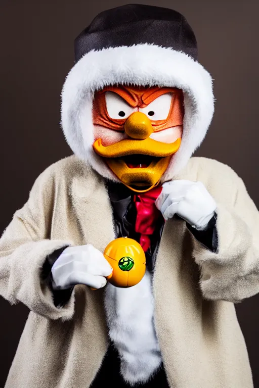 Prompt: detailed portrait photo of scrooge mcduck as a real man, dragon ball, cosplay, realistic, studio lighting, professional photography, nikon 5 0 mm f / 1. 8 g, canon