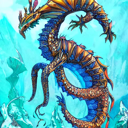 Image similar to underwater sea dragon full body, d & d style, trending on artstation, colorful, intricate, highly detailed art by ilse gort and yugin maffioli