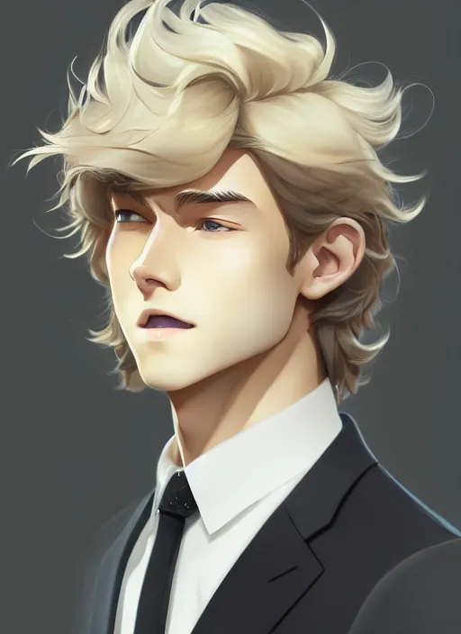 Image similar to young man with medium - length, curly, golden hair, perfectly proportioned face, aquamarine eyes, sweet smile, wearing a black suit, natural lighting, path traced, highly detailed, high quality, animation art, digital painting, by new haicheng and studio ghibli