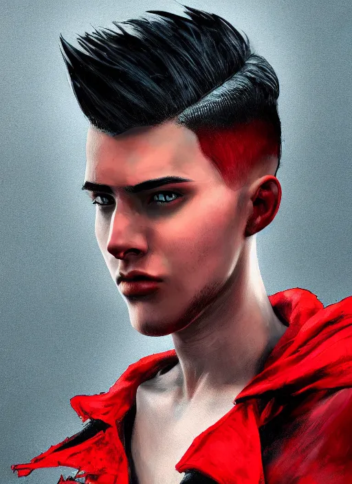 Image similar to An epic fantasy comic book style portrait painting of a young man with black undercut haircut, wearing red clothes, black overcoat, blue jeans. Unreal 5, DAZ, hyperrealistic, octane render, cosplay, RPG portrait, dynamic lighting