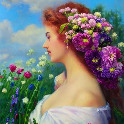 Image similar to a portrait of a romantic woman with flowers grow out of hair, roses peonies forget-me-nots dahlias lupins gladioli, sky theme in background, by Alexandr Averin, Digital Art, Trending on artstation