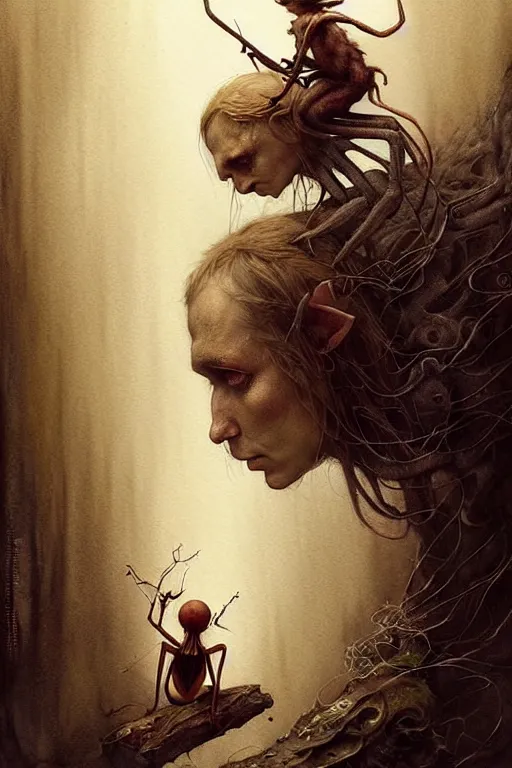 Image similar to elf and spider hubrid | esoteric symbolism | jean - baptiste monge, esao andrews, bastien lecouffe - deharme, tim jacobus, ken currie | ultra - detailed realism, soft cinematic lighting, hi - fructose, artstation, high - quality, ink watercolors wes anderson poster art