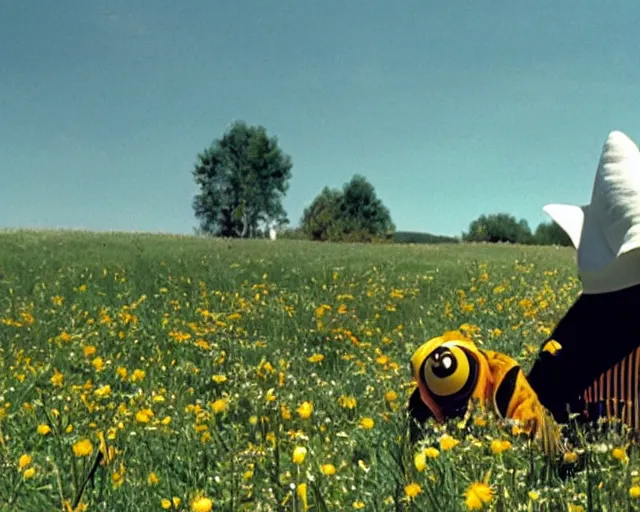 Prompt: William Dafoe in the bee costume on the sunny meadow with clear sky, film still, high detail