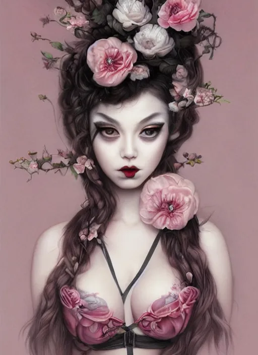 Image similar to pop surrealism, lowbrow art, realistic seductive cute woman painting, body harness, japanese shibari with flowers, hyper realism, muted colours, rococo, natalie shau, loreta lux, tom bagshaw, mark ryden, trevor brown style,