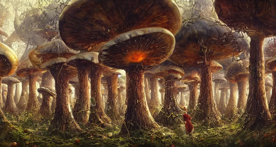 Image similar to A tribal village in a forest of giant mushrooms, by Karol Bak, by Gainax Co,