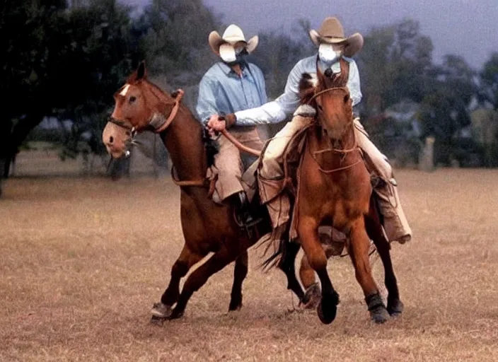 Image similar to a cowboy horse chase vigilantes with face masks disguise, shoot out, exploding horse wide shot, from the hit 1 9 9 0 s tv show on tnt