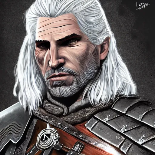 Prompt: geralt of rivia wearing legionnaire armor, digital art, high quality