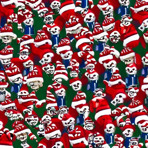Image similar to highly - detailed, distant shot, notebook, colored, 4 k - resolution, seasonal, waldo hiding, in a crowd wearing christmas outfits.