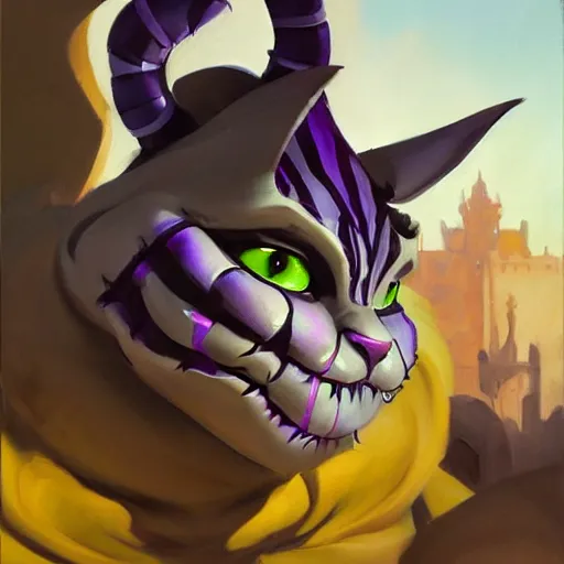 Image similar to greg manchess portrait painting of partially armored cheshire cat from alice in wonderland as overwatch character, medium shot, asymmetrical, profile picture, organic painting, sunny day, matte painting, bold shapes, hard edges, street art, trending on artstation, by huang guangjian, gil elvgren, ruan jia, randy vargas, greg rutkowski