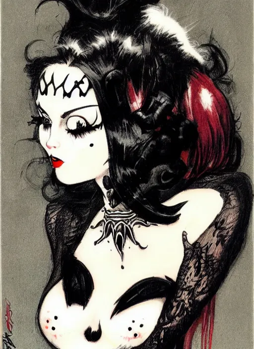 Image similar to of a goth girl burlesque psychobilly punk, detailed face, black hair, white background, drawing, illustration by frank frazetta