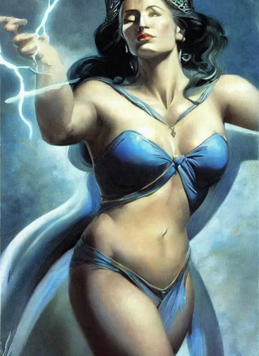 Prompt: portrait of mighty plump female sorceress, blue tiara, lightning halo, strong line, muted color, beautiful! coherent! by frank frazetta, by brom