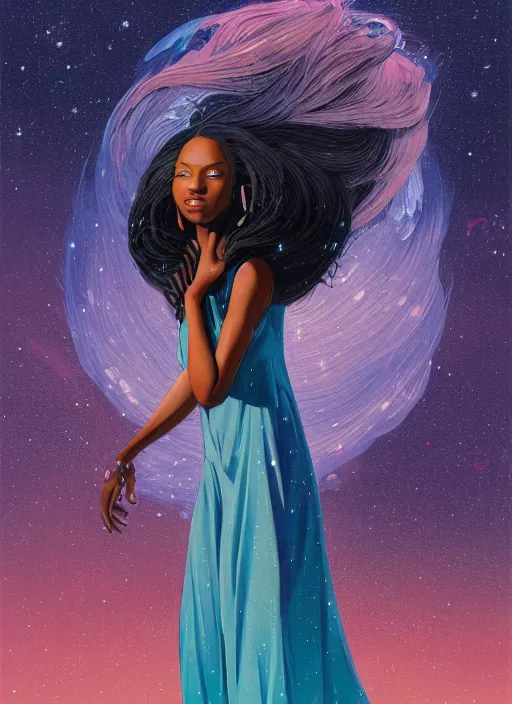 Prompt: full - length portrait of a young black woman with long flowing hair, wearing a flowing sundress, standing in front of a starry galaxy, detailed face, fantasy, cinematic lighting, digital art painting, fine details by realistic shaded lighting poster by ilya kuvshinov katsuhiro otomo, magali villeneuve, artgerm, jeremy lipkin and michael garmash and rob rey