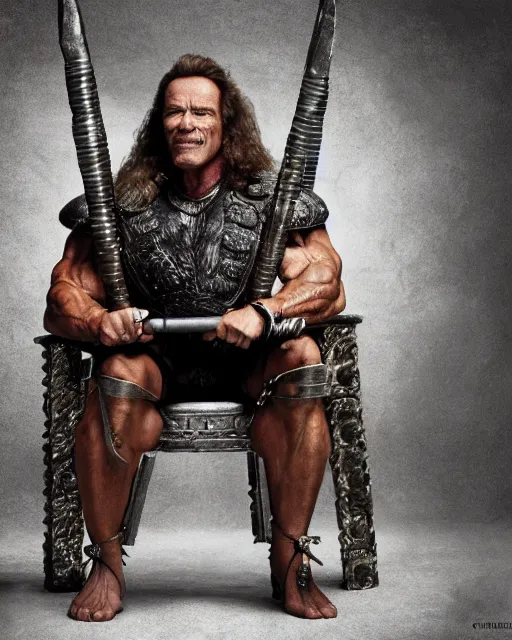 Prompt: arnold schwarzenegger as king conan, directed by john millius, photorealistic, sitting on a metal throne, wearing ancient cimmerian armor, a battle axe to his side, he has a beard and graying hair, cinematic photoshoot in the style of annie leibovitz, studio lighting