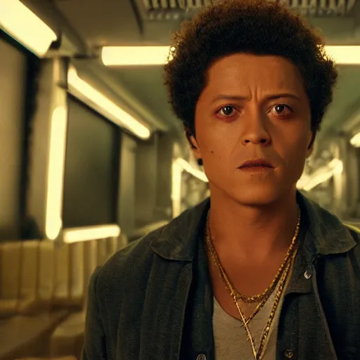 Prompt: movie still of bruno mars cyborg, cinematic composition, cinematic light, criterion collection, by edgar wright