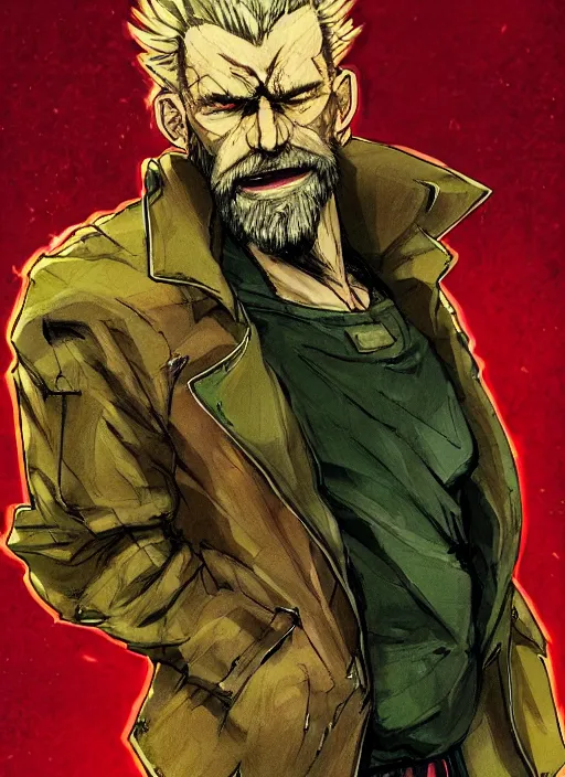 Image similar to Full body portrait of an old muscular man with blonde hair and beard red, green and gold jacket. In style of Yoji Shinkawa and Hyung-tae Kim, trending on ArtStation, dark fantasy, great composition, concept art, highly detailed.