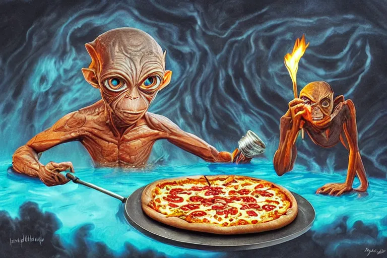 Image similar to a highly detailed gollum making pizza! using a blowtorch!, a volcano in the background is spewing black smoke, with streams of hot lava flowing, post - apocalyptic vibe, full body, wide angle, an ultrafine detailed painting by joe fenton, trending on deviantart, pop surrealism, whimsical, lowbrow, perfect symmetrical face, sharp focus, octane, masterpiece