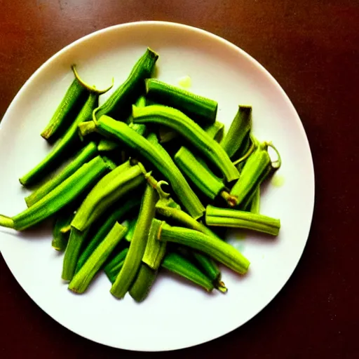 Image similar to a dish of okra veg with green stalky oprah winfrey's face