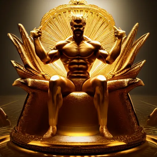 Image similar to golden god, muscular, throne, glow, fantasy, octane render, epic, award winning