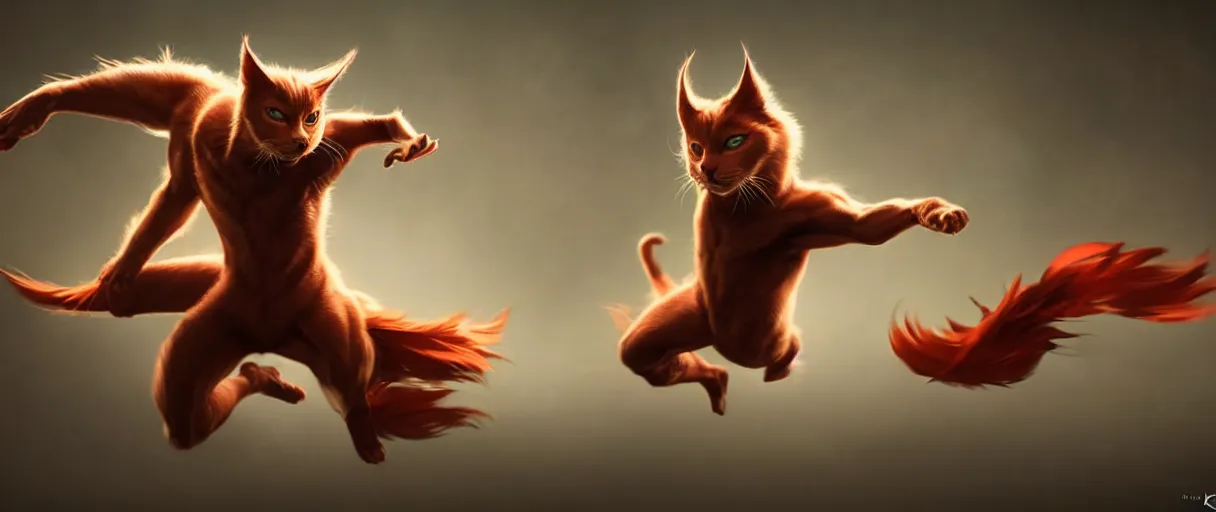 Image similar to hyperrealistic hyper detailed energetic choonky catman dancing concept art key sage sharp cinematic lighting 8k wide angle shallow depth of field