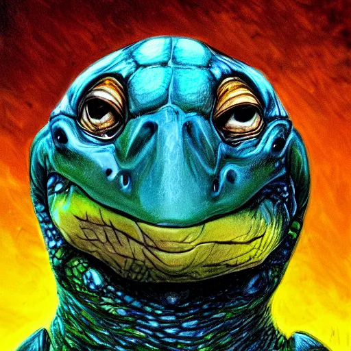 Prompt: a turtle monster, portrait, chalk digital art, fantasy, magic, trending on artstation, ultra detailed, professional illustration by Basil Gogos