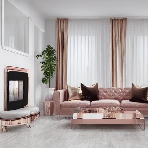 Image similar to 3 d render of white living room with rose gold metallic accents