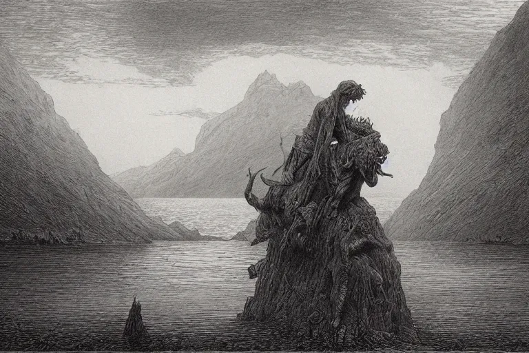 Prompt: demons near calm lake, Gustave Dore lithography