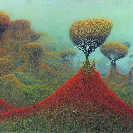 Prompt: a jungle full of strangely colored plants and fruits, high detail, painted by beksinski and hayao miyazaki