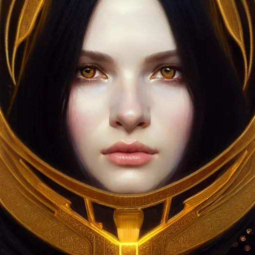 Image similar to Portrait of a beautiful pale skin Eastern European female with long black hair, dark eyes, elegant clothing, photorealistic, highly detailed, artstation, smooth, sharp focus, gold ornaments, neon lighting, sci-fi, art by Klimt, artgerm, Greg Rutkowski and Alphonse Mucha