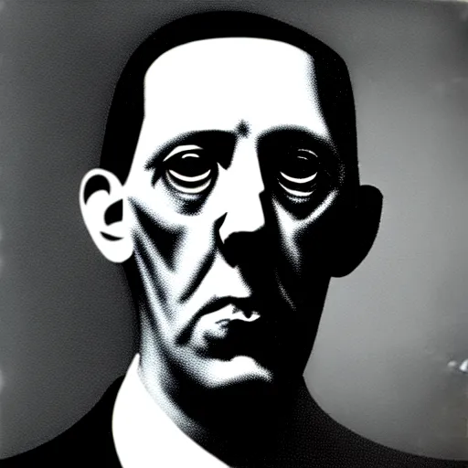 Image similar to h p lovecraft posing for a camera, holding up an eye during an photoshoot for his early 2 0 0 0's techno album, coloring reminiscent of the 2 0 0 0 s, artstation, detailed