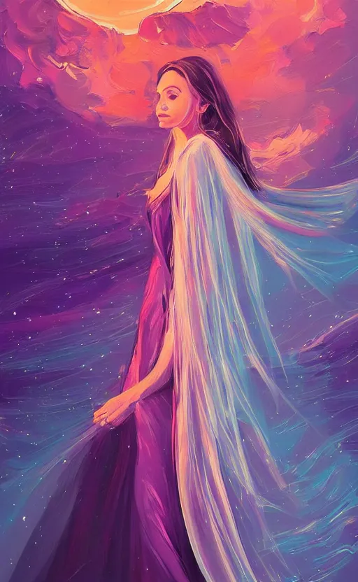 Image similar to a beautiful painting portrait of galadriel beautiful and fair skin, art of alena aenami, featured on artstation, vertical orientation, paint brush strokes, expressionism, brushstroke - laden, breathtaking clouds, birds, ocean, beautiful stars, long exposure, big moon radius, airy midnight theme, blue purple gradient, lens flare